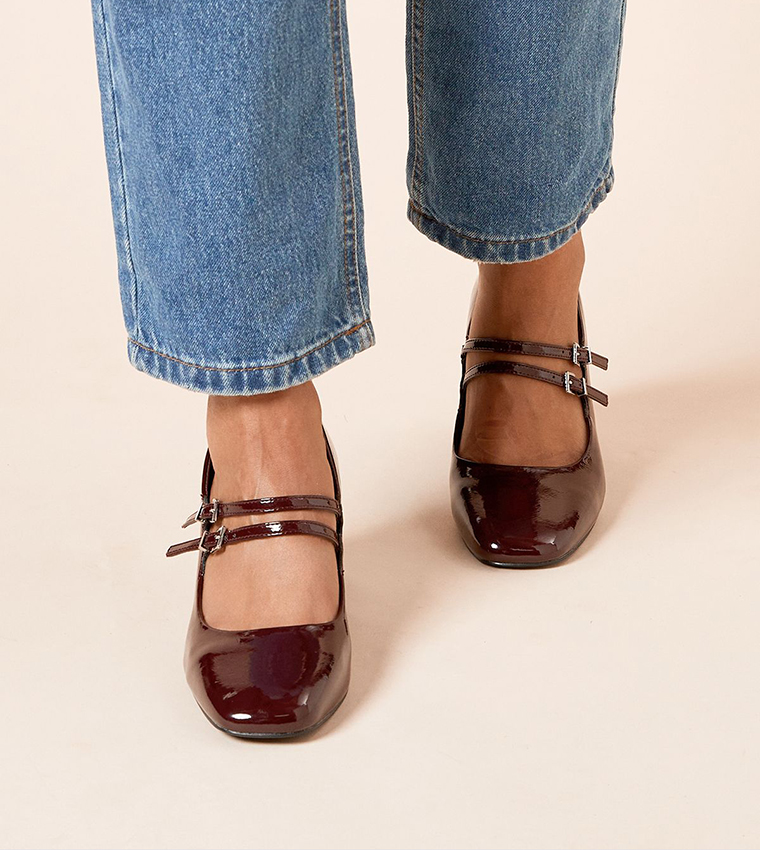 Dawn Faux Patent Leather Double Mary Jane Pumps