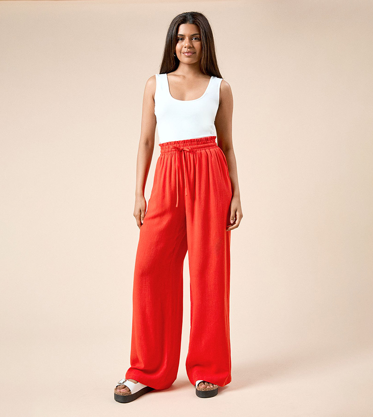 Petite Tie Waist Wide Leg Trousers