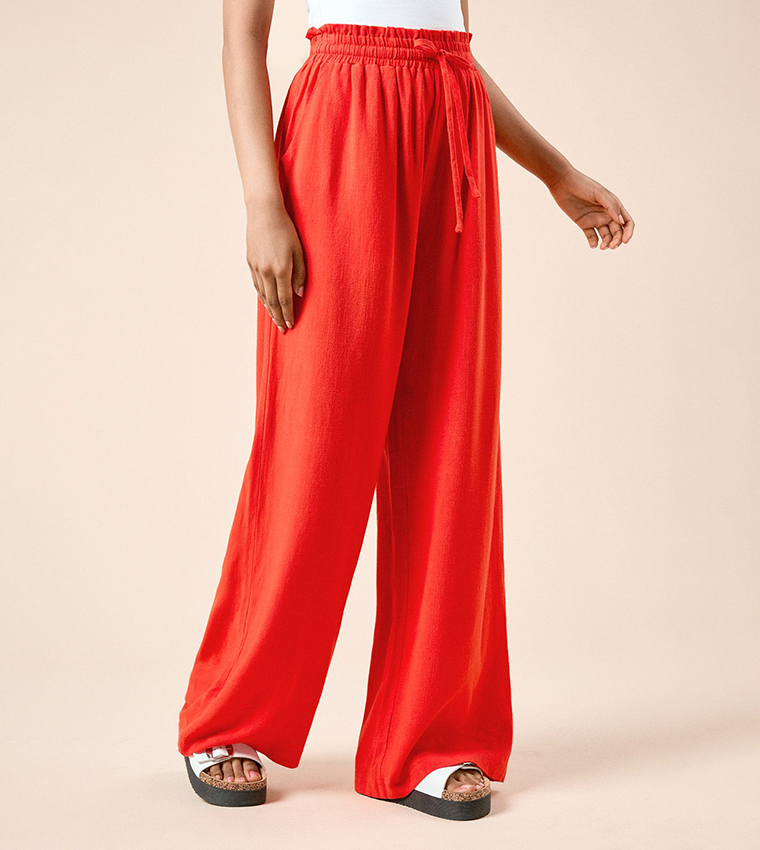 Petite Tie Waist Wide Leg Trousers