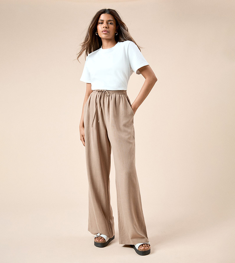 Petite Tie Waist Wide Leg Trousers