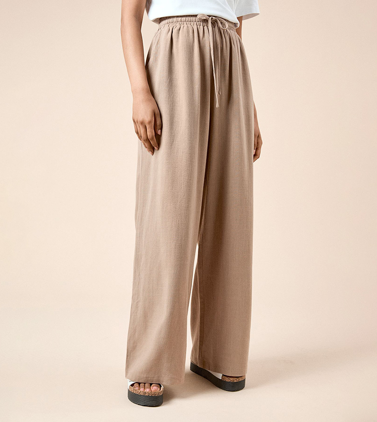 Petite Tie Waist Wide Leg Trousers