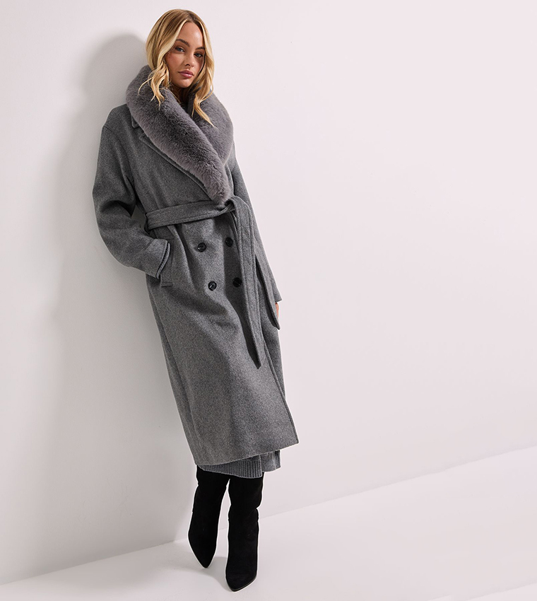 Faux Fur Collar Belted Coat