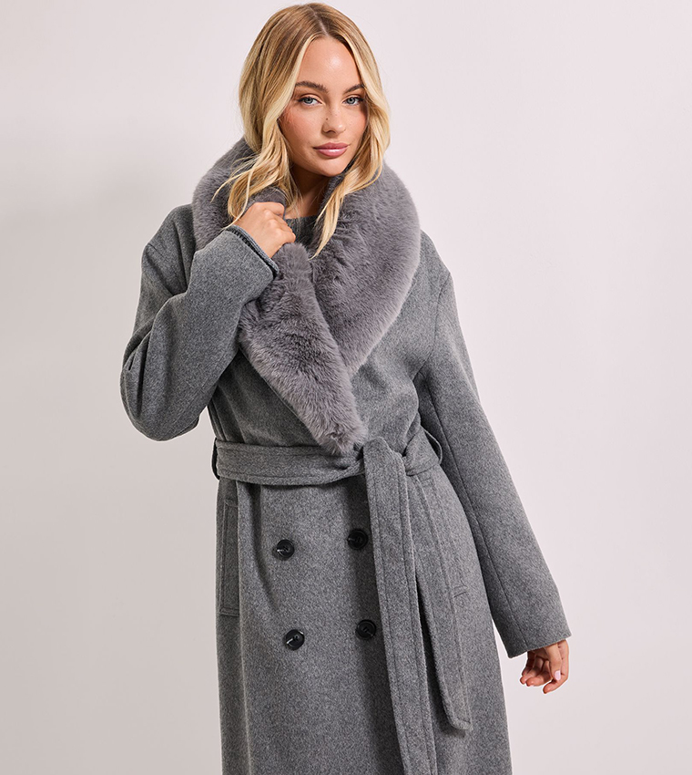 Faux Fur Collar Belted Coat