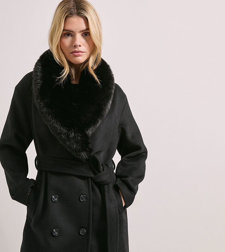 Faux Fur Collar Belted Coat