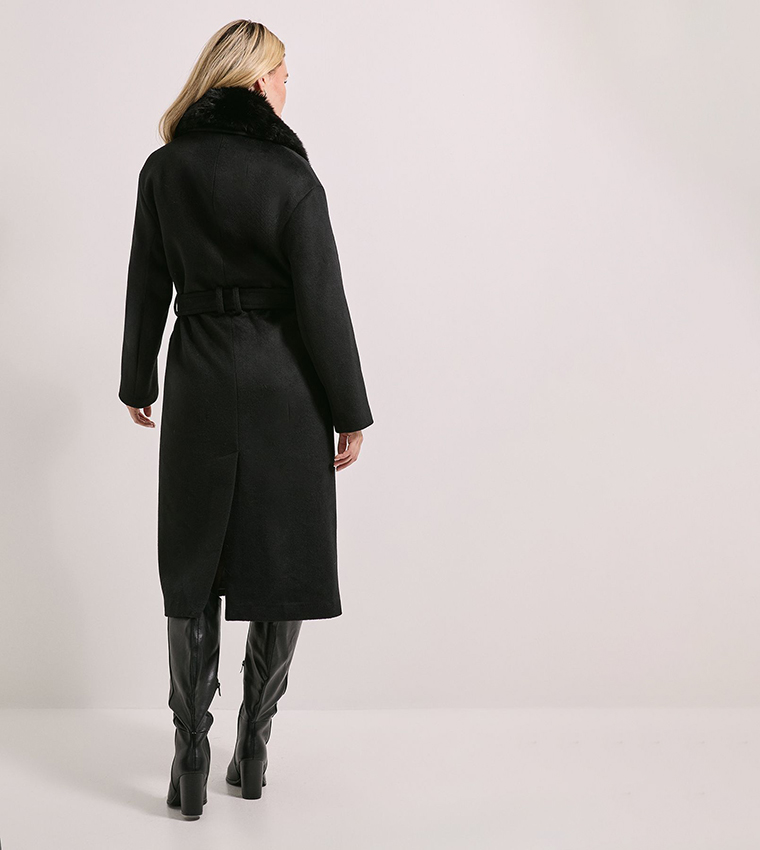 Faux Fur Collar Belted Coat