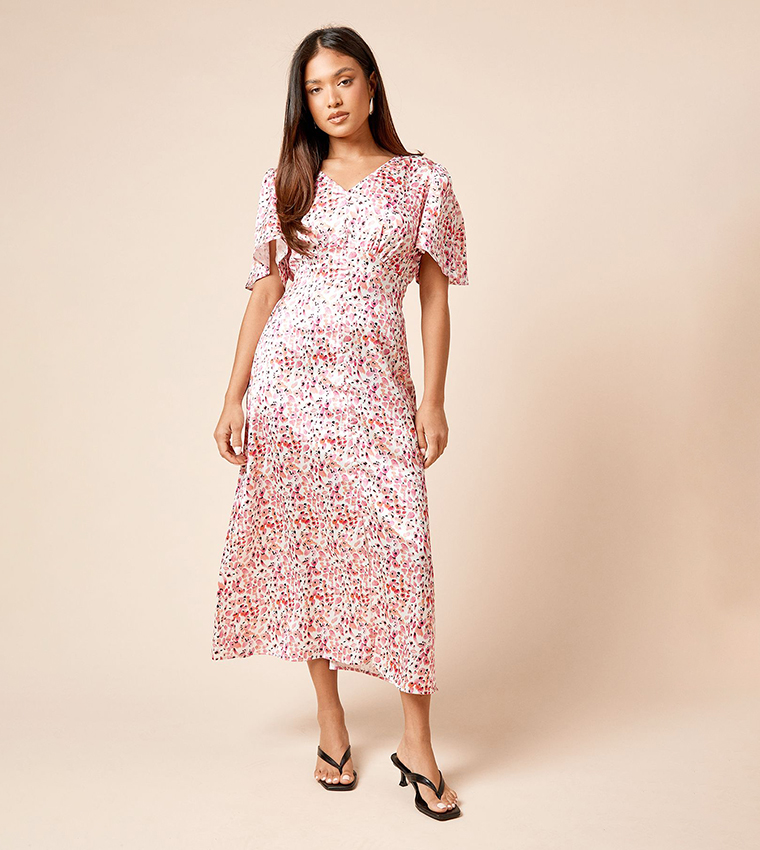 Petite V-Neck Flared Sleeves Midi Dress