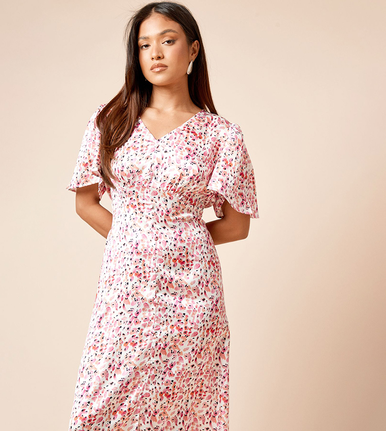Petite V-Neck Flared Sleeves Midi Dress