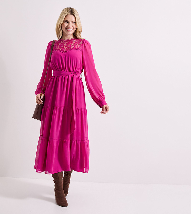 dorothy perkins pink lace dress Pink Dorothy Perkins Petite Lace Trim Angel Sleeve Mini Dress