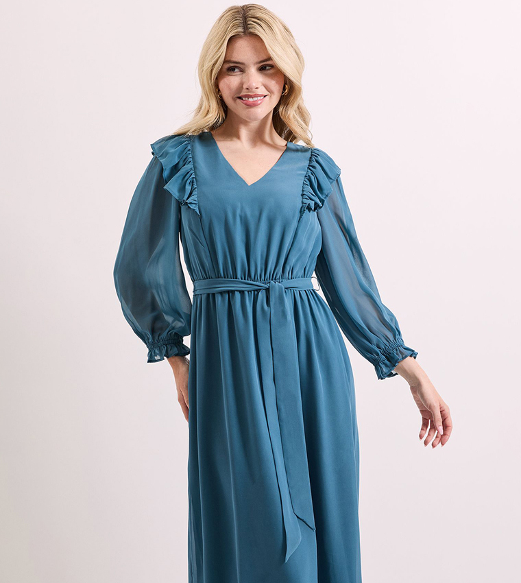 Solid Bishop Sleeves Midi Dress