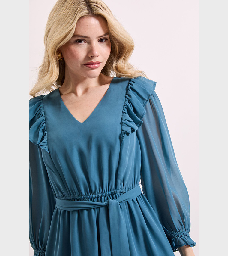 Solid Bishop Sleeves Midi Dress