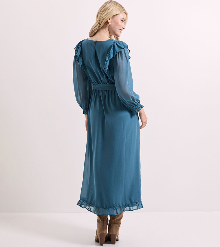 Solid Bishop Sleeves Midi Dress