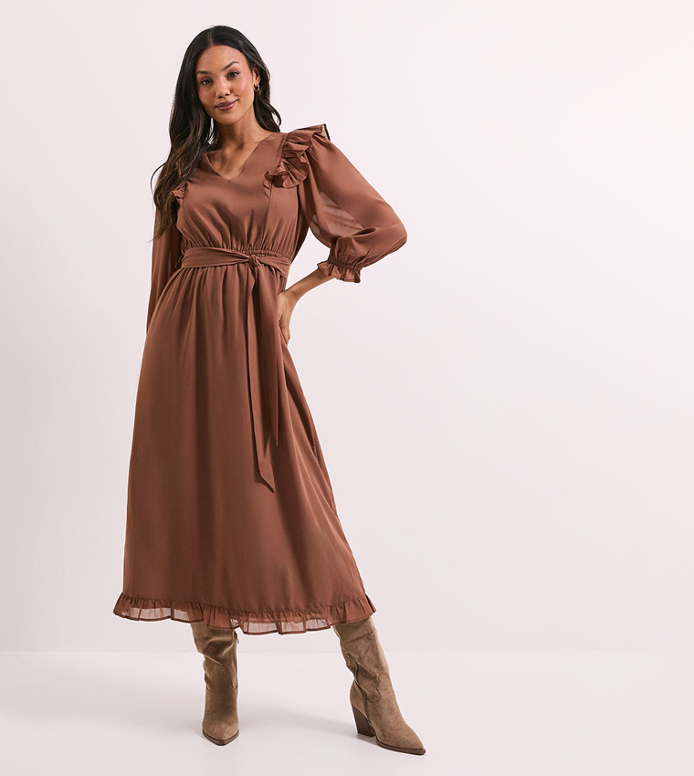 Solid Bishop Sleeves Midi Dress
