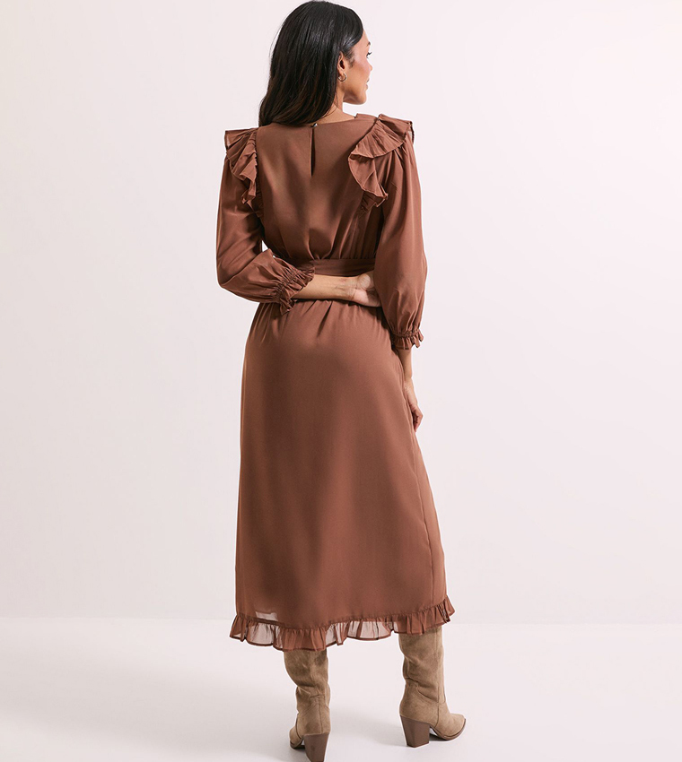 Solid Bishop Sleeves Midi Dress