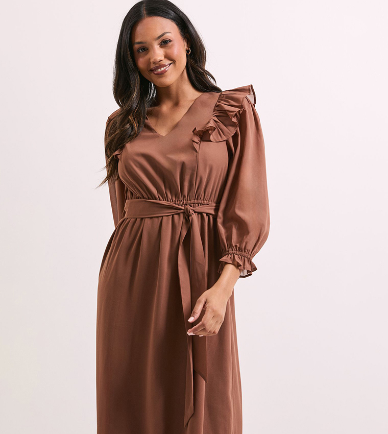 Solid Bishop Sleeves Midi Dress