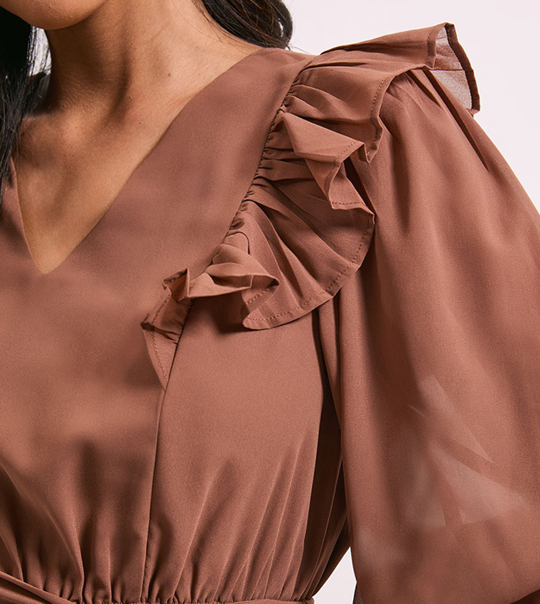 Solid Bishop Sleeves Midi Dress