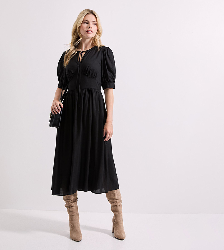 Tie Neck Empire Seam Puff Sleeves Midi Dress