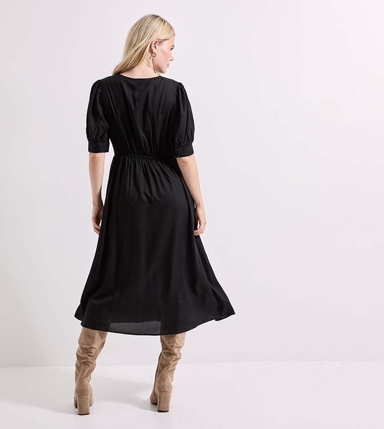 Tie Neck Empire Seam Puff Sleeves Midi Dress