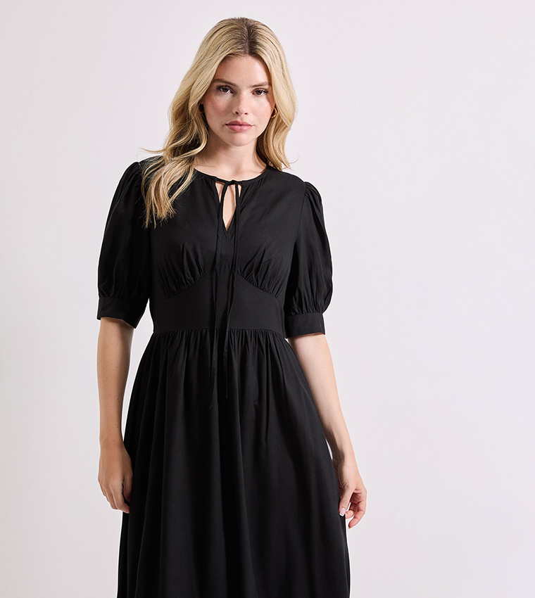 Tie Neck Empire Seam Puff Sleeves Midi Dress
