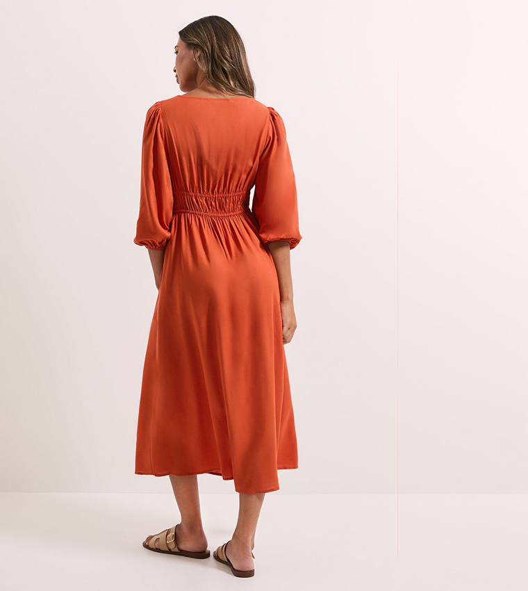 Shirred Bodice Tie Detail Sweetheart Neck Midi Dress