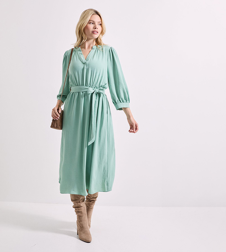 Overhead Belted Puff Sleeves Midi Dress