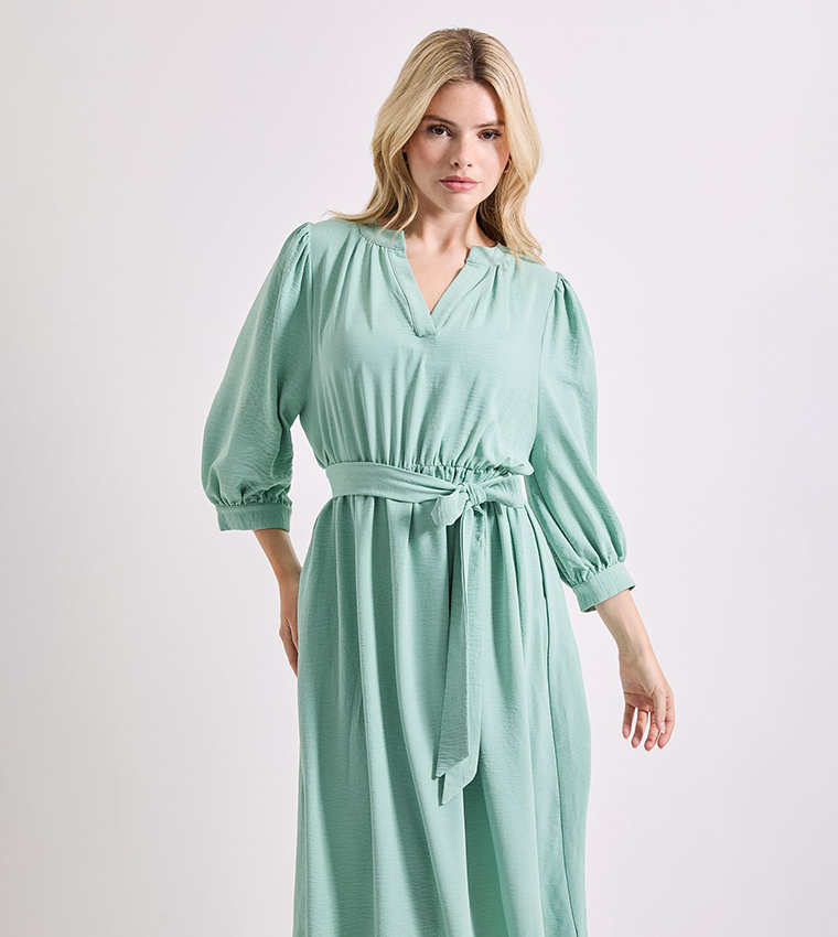 Overhead Belted Puff Sleeves Midi Dress