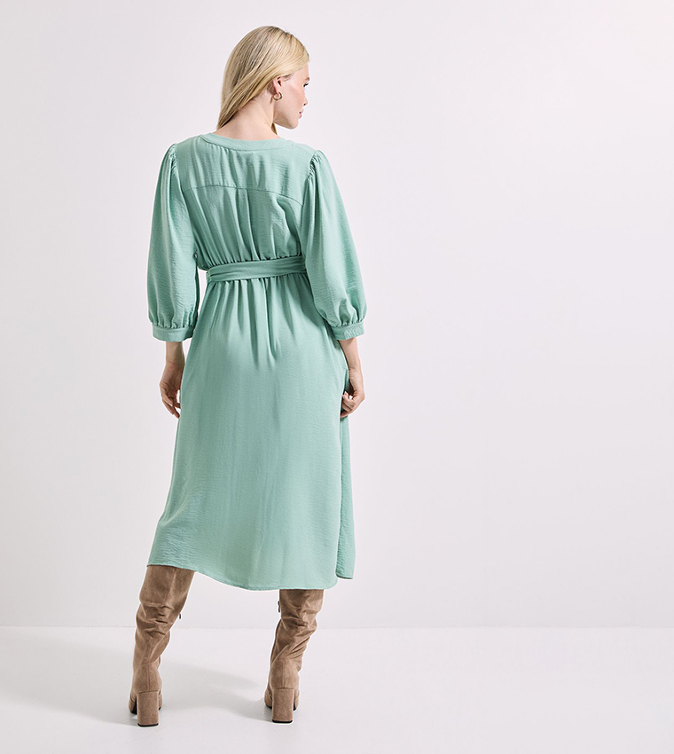 Overhead Belted Puff Sleeves Midi Dress