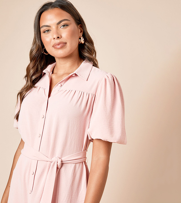 Puff Sleeves Belted Mini Shirt Dress