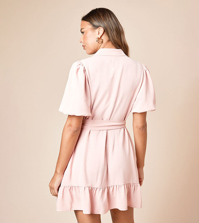 Puff Sleeves Belted Mini Shirt Dress