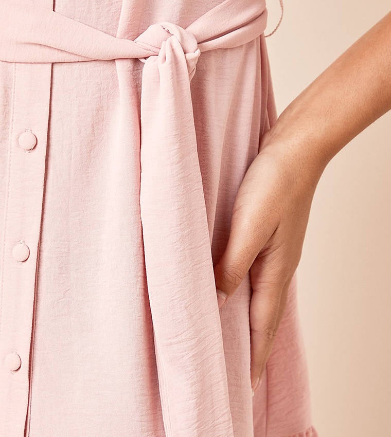 Puff Sleeves Belted Mini Shirt Dress