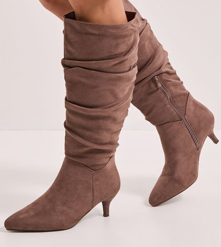 Khloe Faux Suede Kitten Heel Knee High Ruched Boots