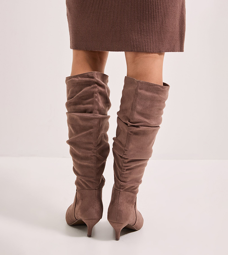Khloe Faux Suede Kitten Heel Knee High Ruched Boots