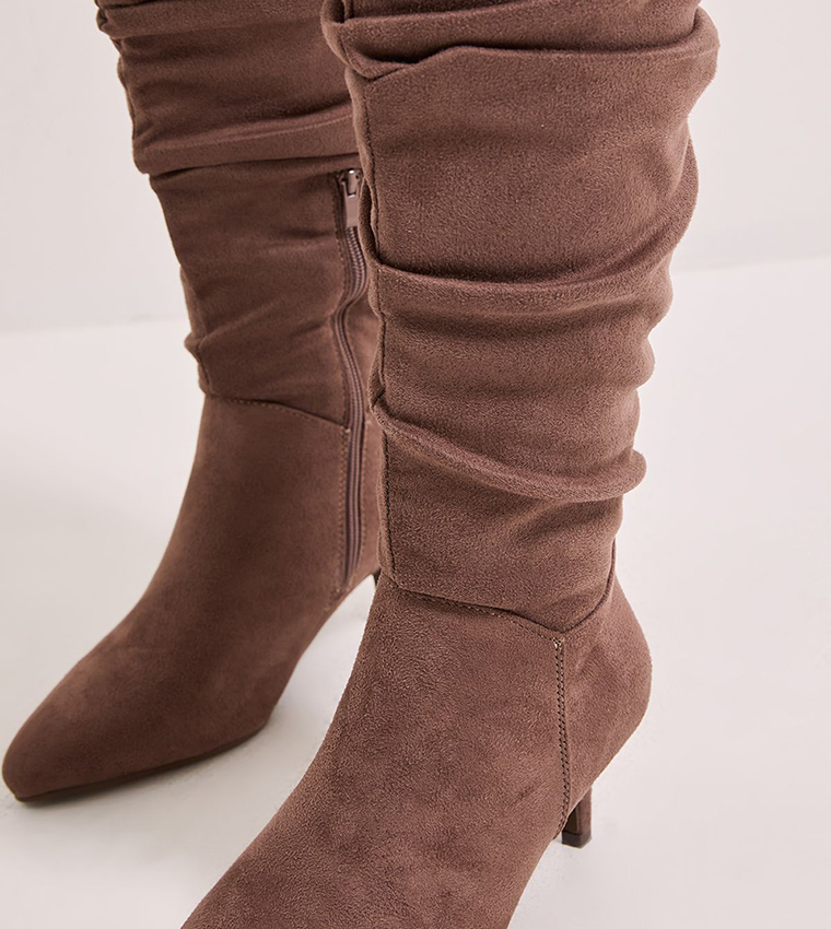 Khloe Faux Suede Kitten Heel Knee High Ruched Boots