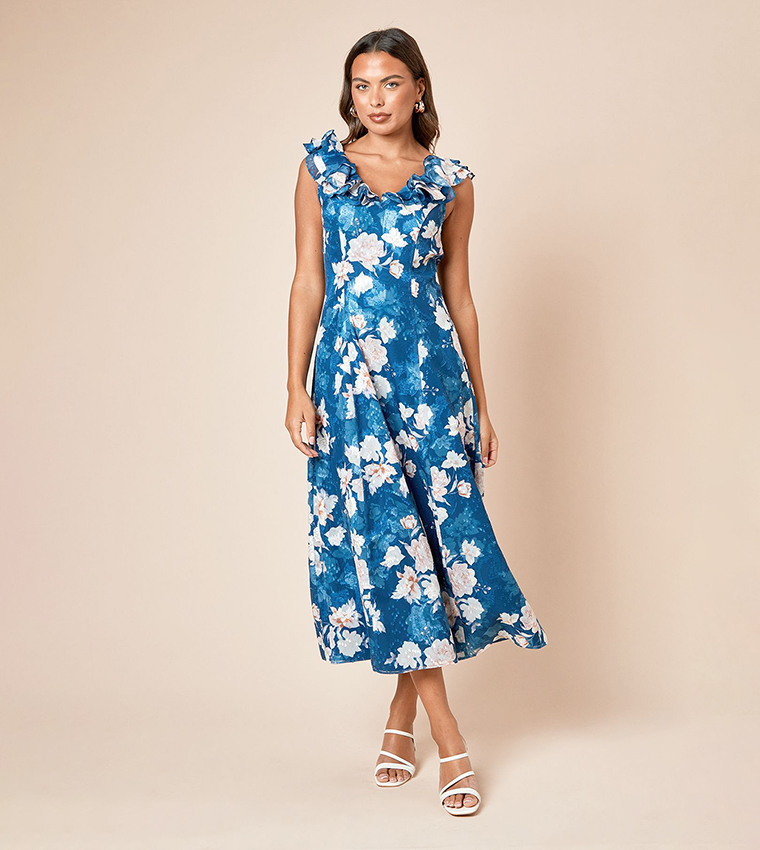 DP Luxe Floral Printed Ruffle Front Sleeveless Midi Dress