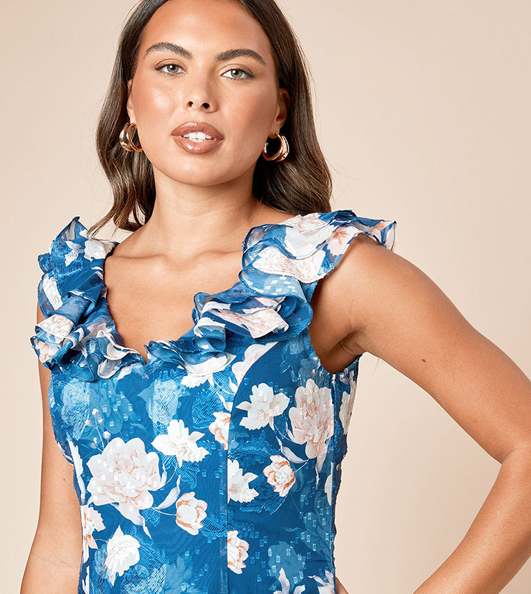 DP Luxe Floral Printed Ruffle Front Sleeveless Midi Dress