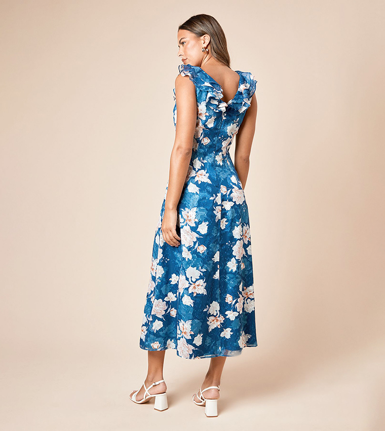 DP Luxe Floral Printed Ruffle Front Sleeveless Midi Dress