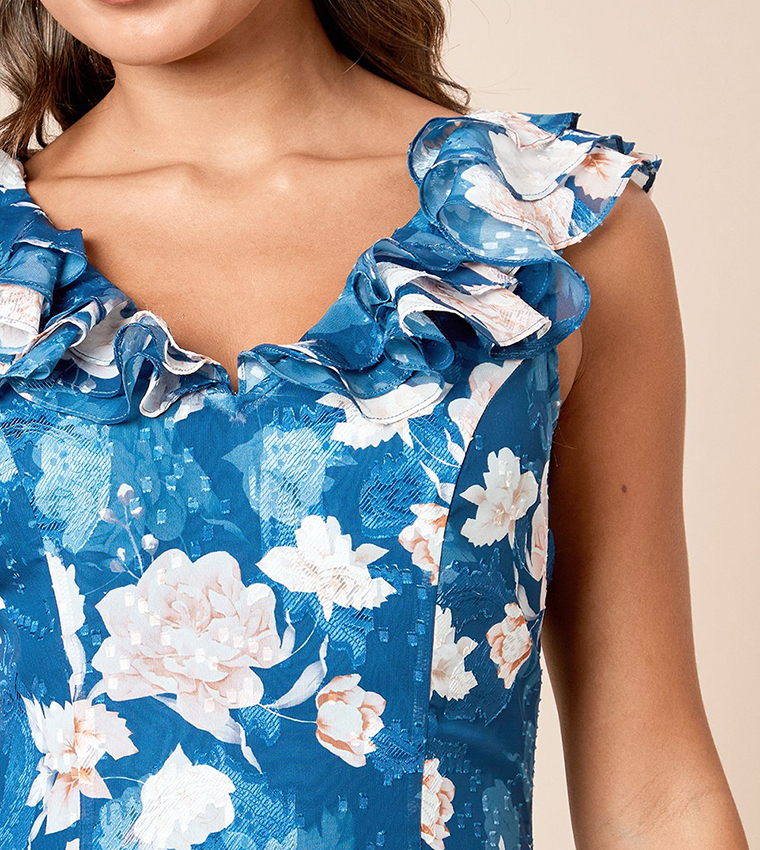 DP Luxe Floral Printed Ruffle Front Sleeveless Midi Dress