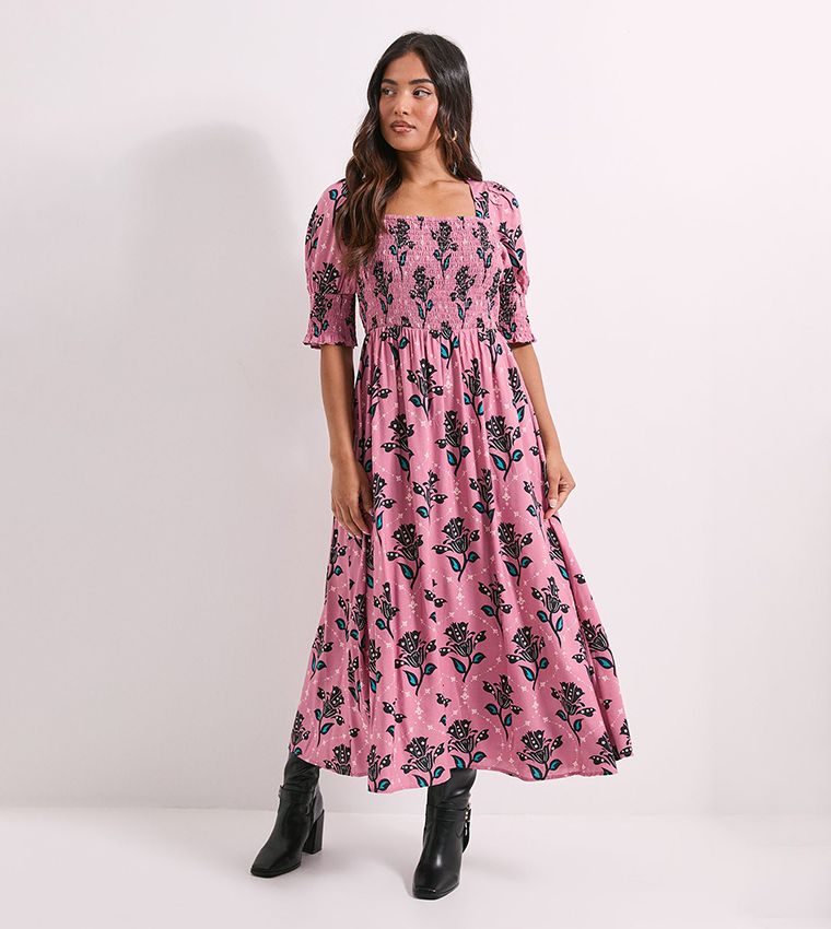 Petite Floral Printed Puff Sleeves Square Neck Midi Dress