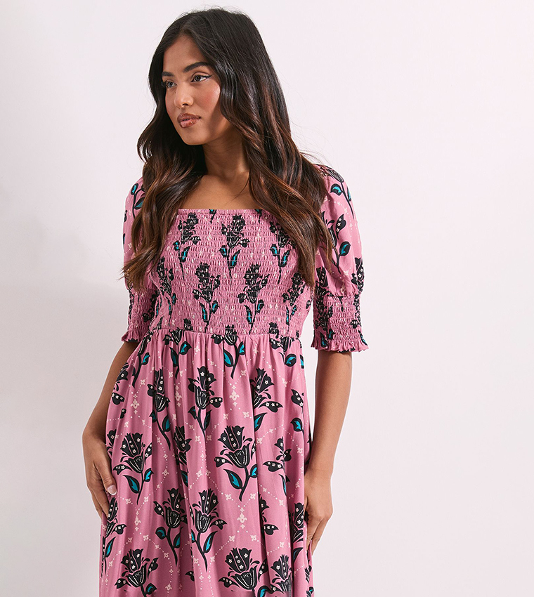 Petite Floral Printed Puff Sleeves Square Neck Midi Dress