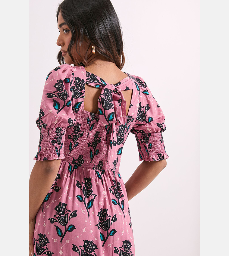 Petite Floral Printed Puff Sleeves Square Neck Midi Dress