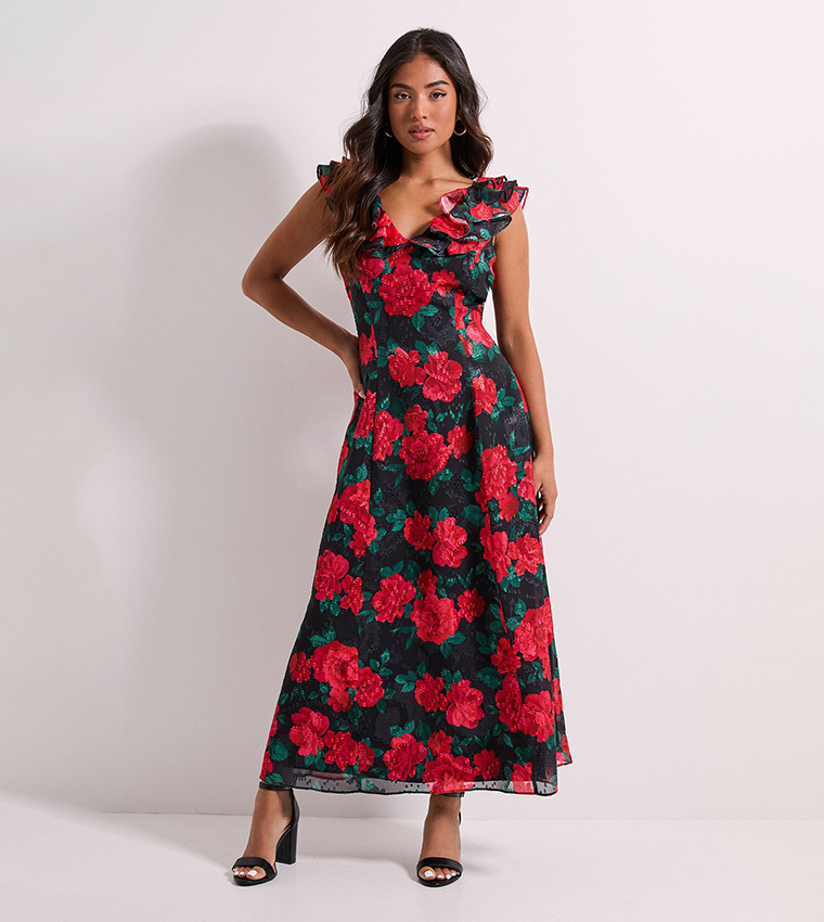 Buy Dorothy Perkins Petite DP Luxe Floral Printed Jacquard Chiffon Ruffle  Front Sleeveless Maxi Dress In Black | 6thStreet Bahrain