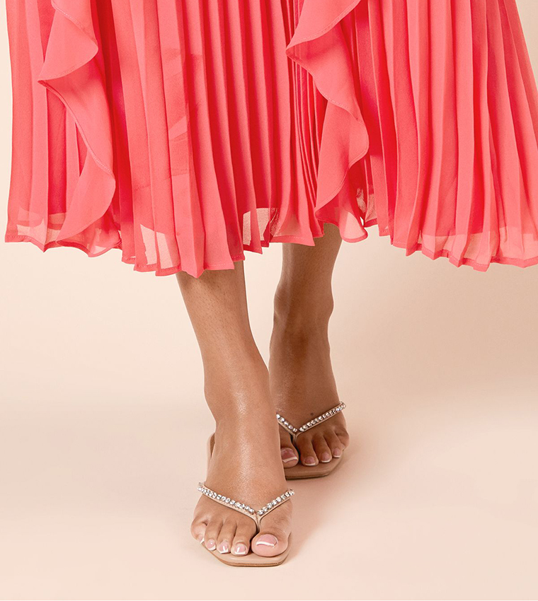 Ollie Faux Leather Diamante Toe Post Kitten Heel Sandals