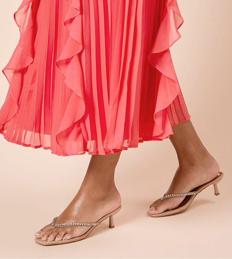 Ollie Faux Leather Diamante Toe Post Kitten Heel Sandals
