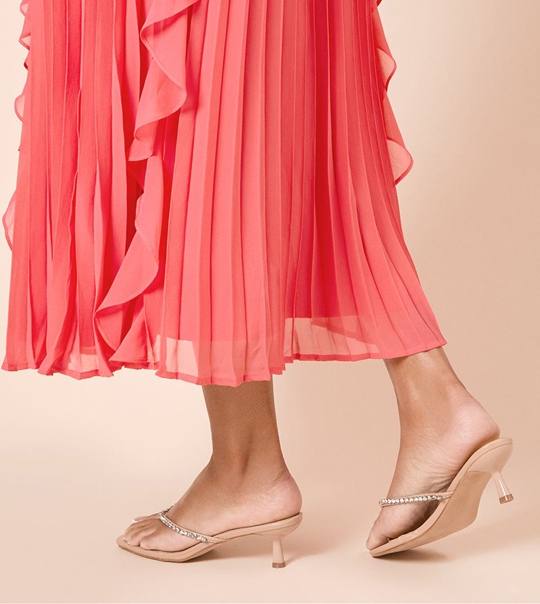 Ollie Faux Leather Diamante Toe Post Kitten Heel Sandals