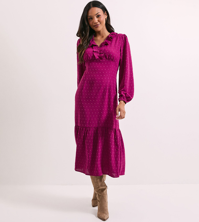 Self Patterned Long Sleeves Chiffon Midi Dress