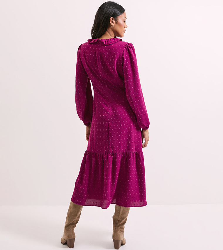 Self Patterned Long Sleeves Chiffon Midi Dress