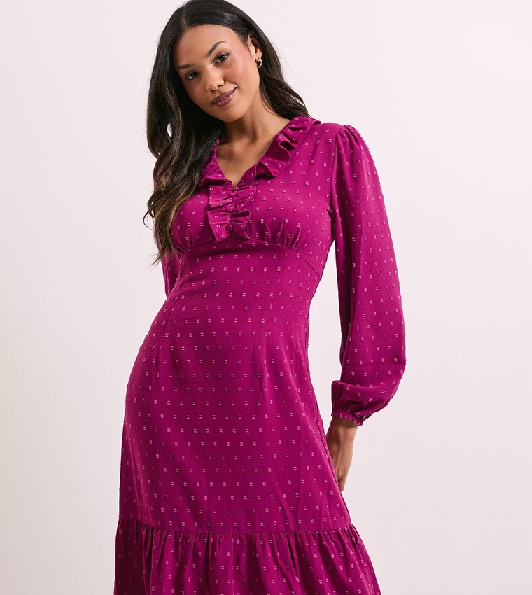 Self Patterned Long Sleeves Chiffon Midi Dress