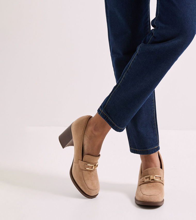 Wide Fit Benita Faux Suede Snaffle Detail Block Heeled Loafers