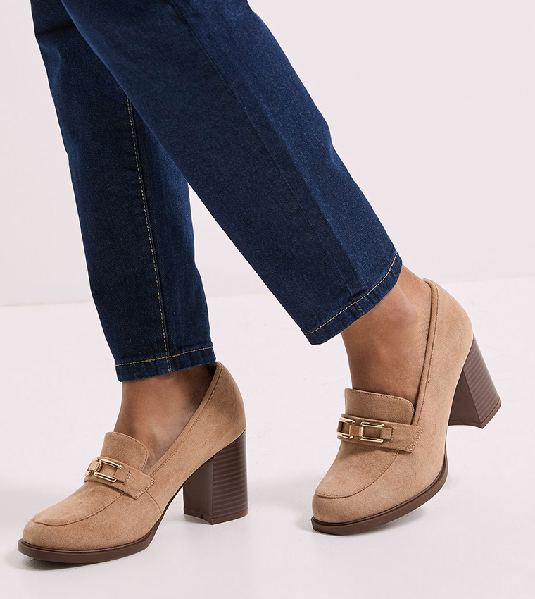 Wide Fit Benita Faux Suede Snaffle Detail Block Heeled Loafers