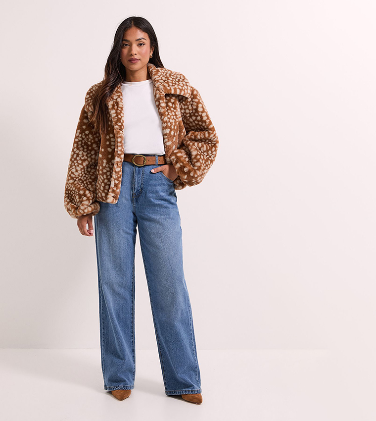 Petite Deer Print Fur Coat
