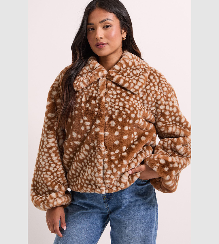 Petite Deer Print Fur Coat